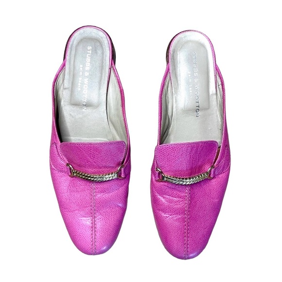 Stubbs & Wootton Pink Leather Mule Loafers Gold Chain Size 11 - Picture 8 of 11